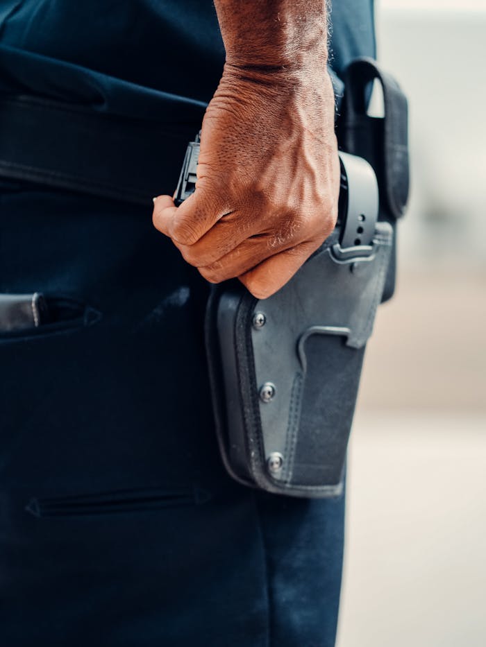 Services Detailed close-up of a police officer's hand resting on a holstered handgun, showcasing law enforcement equipment.